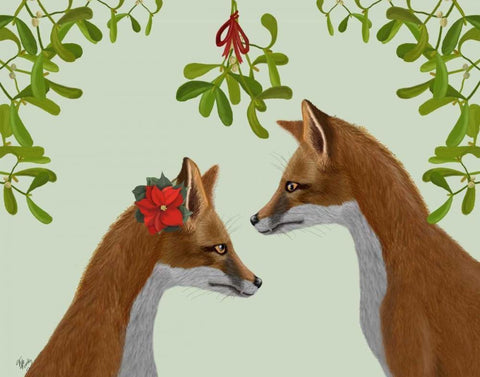 Foxes and Mistletoe White Modern Wood Framed Art Print with Double Matting by Fab Funky