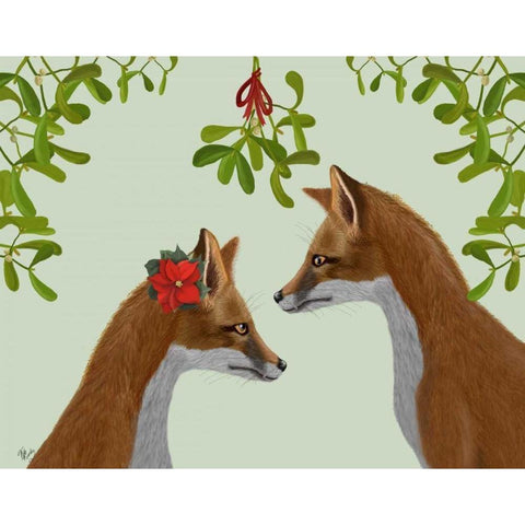 Foxes and Mistletoe Gold Ornate Wood Framed Art Print with Double Matting by Fab Funky