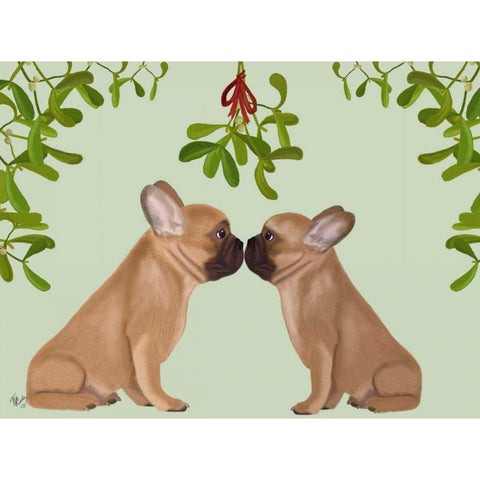 French Bulldogs and Mistletoe Gold Ornate Wood Framed Art Print with Double Matting by Fab Funky