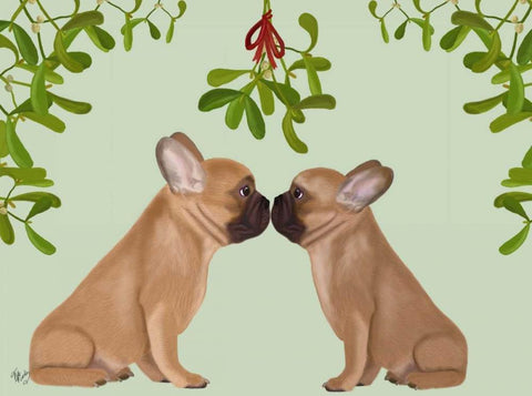 French Bulldogs and Mistletoe Black Ornate Wood Framed Art Print with Double Matting by Fab Funky