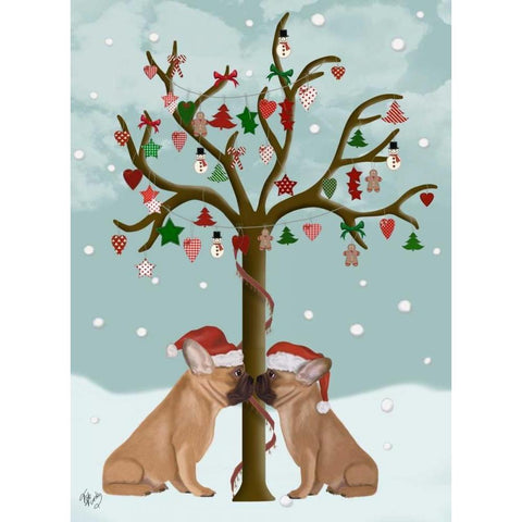 French Bulldogs and Christmas Tree White Modern Wood Framed Art Print by Fab Funky