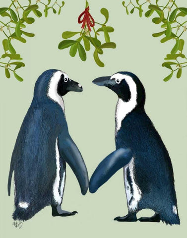 Penguins And Mistletoe Black Ornate Wood Framed Art Print with Double Matting by Fab Funky