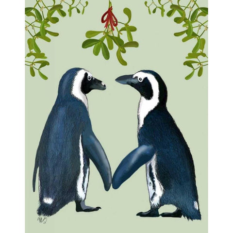 Penguins And Mistletoe White Modern Wood Framed Art Print by Fab Funky