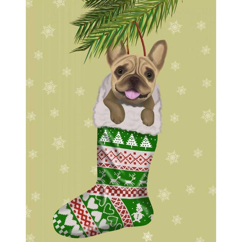 French Bulldog in Christmas Stocking White Modern Wood Framed Art Print by Fab Funky