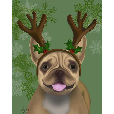 French Bulldog, Antlers 1 Gold Ornate Wood Framed Art Print with Double Matting by Fab Funky