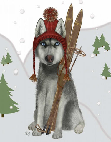 Husky Skiing White Modern Wood Framed Art Print with Double Matting by Fab Funky