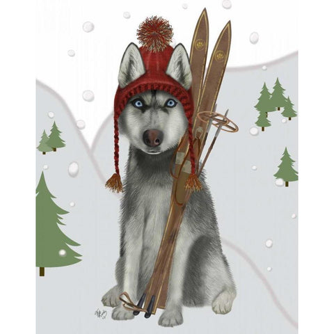 Husky Skiing White Modern Wood Framed Art Print by Fab Funky