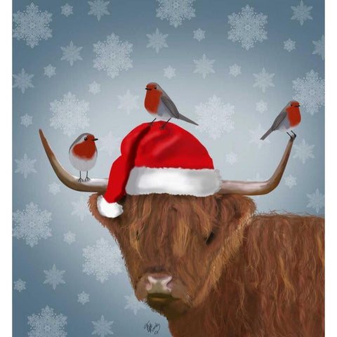 Highland Cow and Robins Black Modern Wood Framed Art Print with Double Matting by Fab Funky