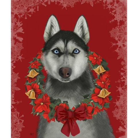 Husky and Poinsettia Wreath Black Modern Wood Framed Art Print with Double Matting by Fab Funky