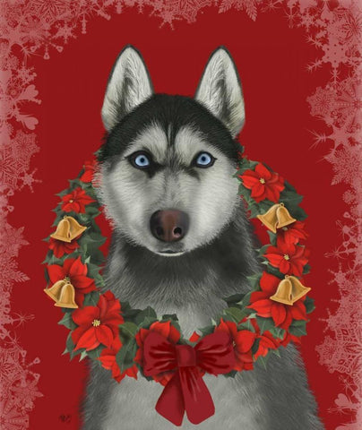 Husky and Poinsettia Wreath White Modern Wood Framed Art Print with Double Matting by Fab Funky