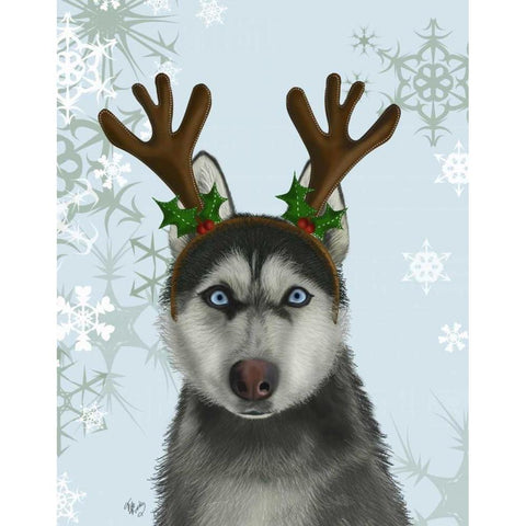 Husky and Antlers Black Modern Wood Framed Art Print with Double Matting by Fab Funky