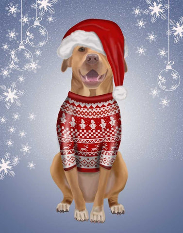 Pitbull in Christmas Sweater White Modern Wood Framed Art Print with Double Matting by Fab Funky