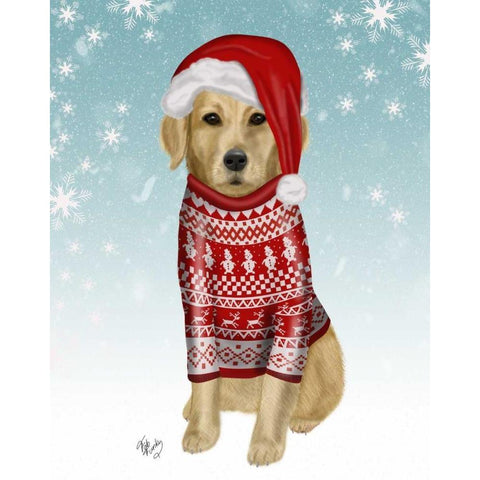 Golden Retriever in Christmas Sweater Gold Ornate Wood Framed Art Print with Double Matting by Fab Funky