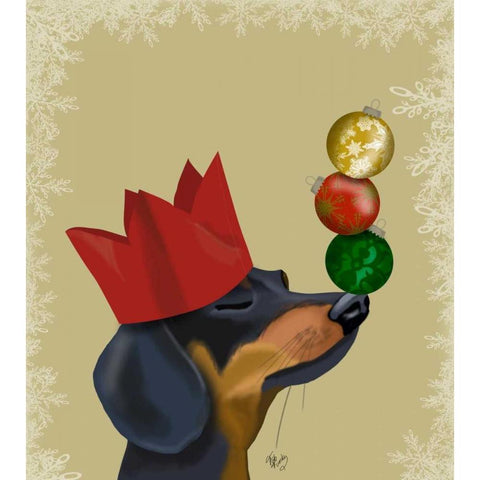 Dachshund, Party Trick Baubles White Modern Wood Framed Art Print by Fab Funky