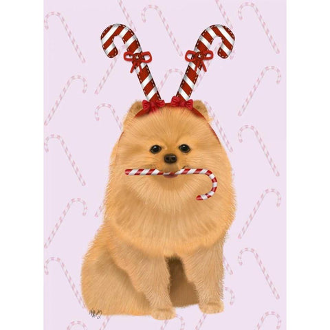 Pomeranian and Candy Canes Gold Ornate Wood Framed Art Print with Double Matting by Fab Funky