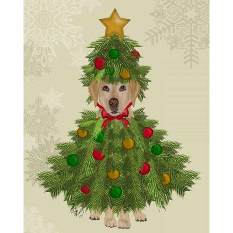 Yellow Labrador, Christmas Tree Costume White Modern Wood Framed Art Print by Fab Funky