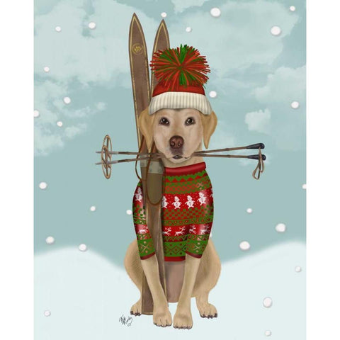 Yellow Labrador, Skiing Black Modern Wood Framed Art Print with Double Matting by Fab Funky