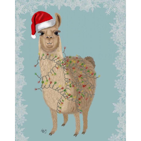 Llama, Christmas Lights 2 White Modern Wood Framed Art Print by Fab Funky