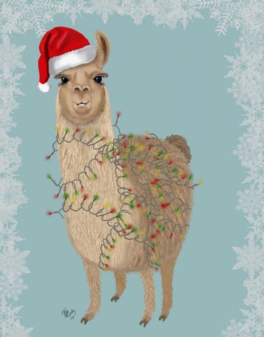 Llama, Christmas Lights 2 White Modern Wood Framed Art Print with Double Matting by Fab Funky