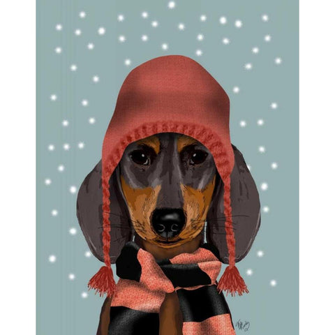 Dachshund With Woolly Hat and Scarf White Modern Wood Framed Art Print by Fab Funky