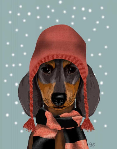 Dachshund With Woolly Hat and Scarf White Modern Wood Framed Art Print with Double Matting by Fab Funky