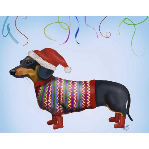 Christmas Dachshund Black Modern Wood Framed Art Print by Fab Funky