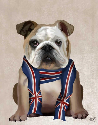 English Bulldog with Scarf White Modern Wood Framed Art Print with Double Matting by Fab Funky