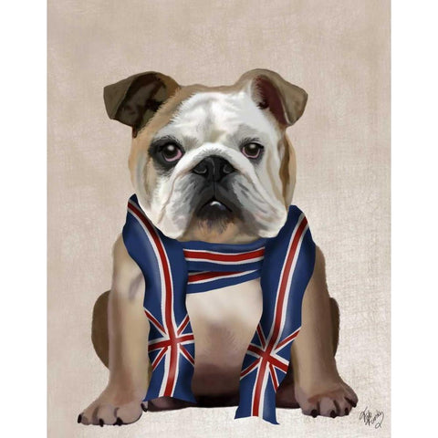 English Bulldog with Scarf White Modern Wood Framed Art Print by Fab Funky