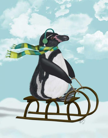 Penguin On Sled White Modern Wood Framed Art Print with Double Matting by Fab Funky