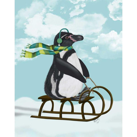 Penguin On Sled Black Modern Wood Framed Art Print by Fab Funky