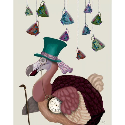 Dodo with Hanging Teacups Gold Ornate Wood Framed Art Print with Double Matting by Fab Funky