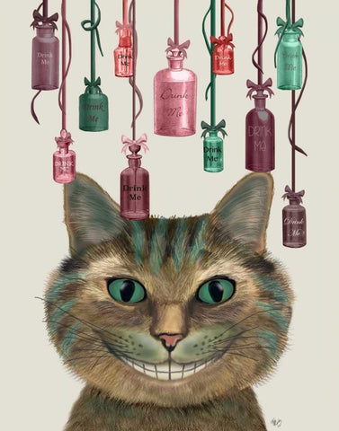 Cheshire Cat and Bottles White Modern Wood Framed Art Print with Double Matting by Fab Funky