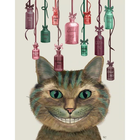 Cheshire Cat and Bottles Black Modern Wood Framed Art Print with Double Matting by Fab Funky