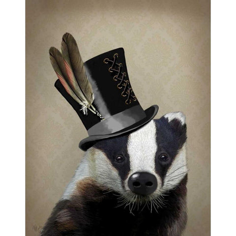 Steampunk Badger in Top Hat Gold Ornate Wood Framed Art Print with Double Matting by Fab Funky