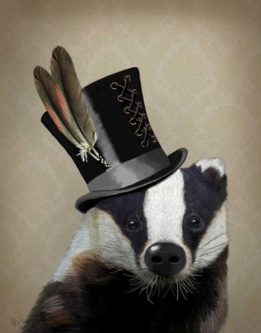 Steampunk Badger in Top Hat Black Ornate Wood Framed Art Print with Double Matting by Fab Funky