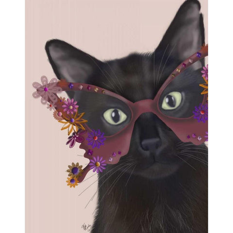 Cat and Flower Glasses Gold Ornate Wood Framed Art Print with Double Matting by Fab Funky