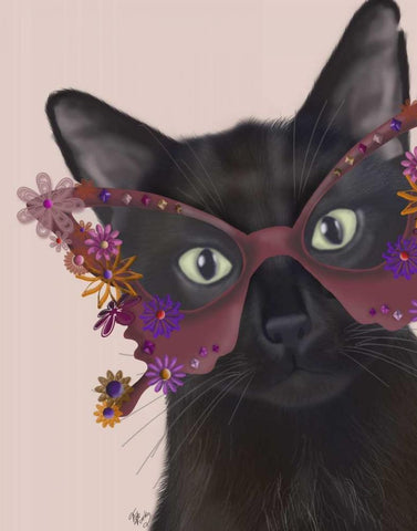 Cat and Flower Glasses Black Ornate Wood Framed Art Print with Double Matting by Fab Funky