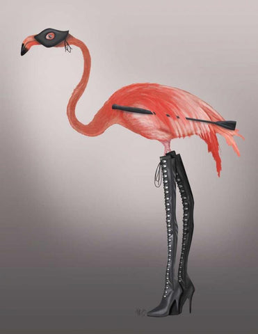 Flamingo with Kinky Boots Black Ornate Wood Framed Art Print with Double Matting by Fab Funky