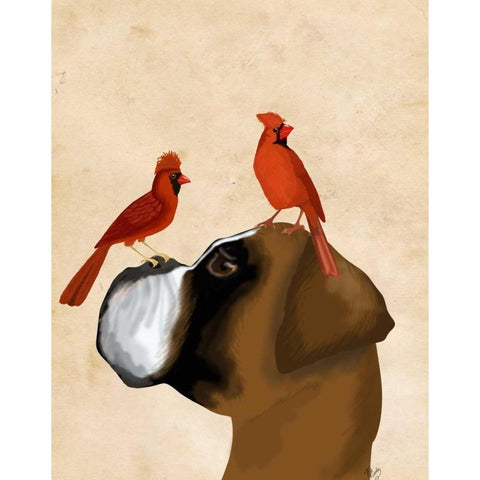 Boxer and Red Cardinals White Modern Wood Framed Art Print by Fab Funky