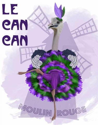 Ostrich, Can Can in Purple and Green Black Ornate Wood Framed Art Print with Double Matting by Fab Funky