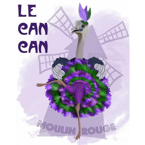 Ostrich, Can Can in Purple and Green White Modern Wood Framed Art Print by Fab Funky