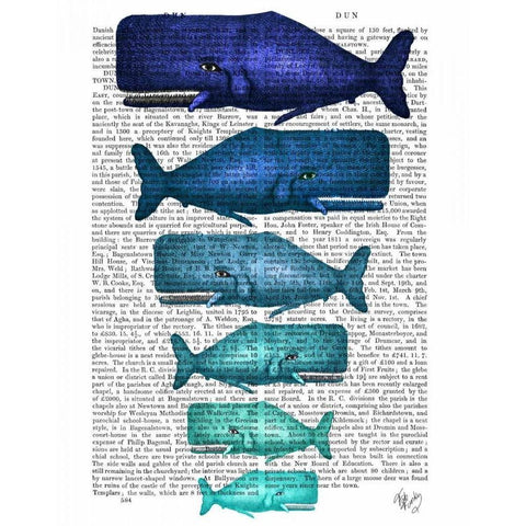 Blue Whale Family Black Modern Wood Framed Art Print with Double Matting by Fab Funky