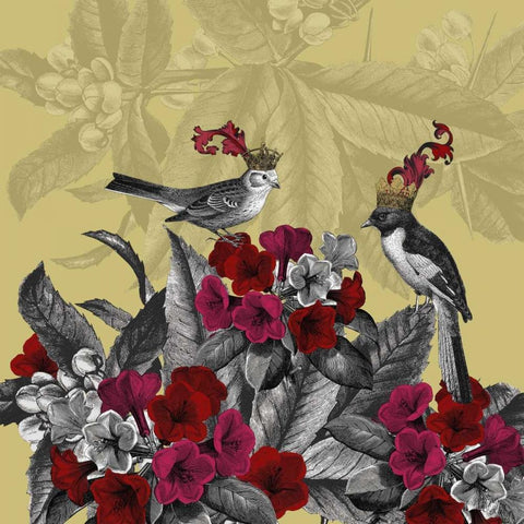 Blooming Birds, Azalea, Fine Art Print Gold Ornate Wood Framed Art Print with Double Matting by Fab Funky