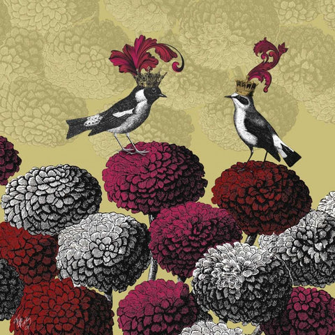 Blooming Birds, Chrysanthemum 2, Fine Art Print White Modern Wood Framed Art Print with Double Matting by Fab Funky