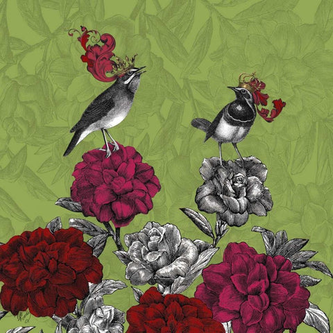 Blooming Birds, Rhododendron, Fine Art Print Black Ornate Wood Framed Art Print with Double Matting by Fab Funky