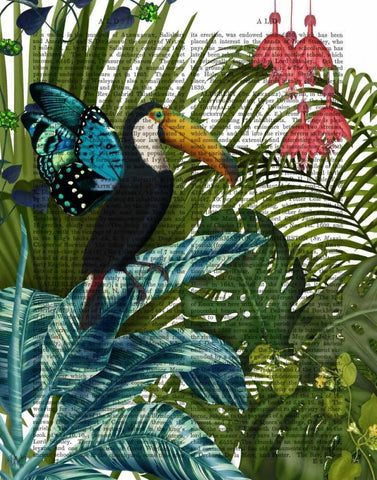 Toucan in Tropical Forest Black Ornate Wood Framed Art Print with Double Matting by Fab Funky