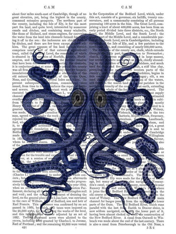 Octopus 9, Blue Black Ornate Wood Framed Art Print with Double Matting by Fab Funky