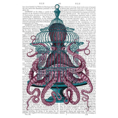 Pink Octopus in Cage Black Modern Wood Framed Art Print with Double Matting by Fab Funky