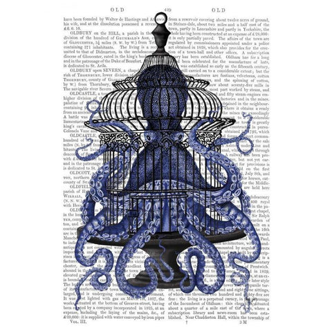 Blue Octopus in Cage Gold Ornate Wood Framed Art Print with Double Matting by Fab Funky