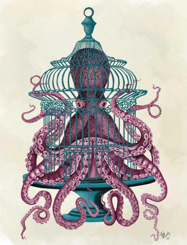 Pink Octopus in Cage Black Ornate Wood Framed Art Print with Double Matting by Fab Funky